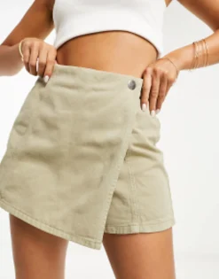 Shorts*Stradivarius Twill Wrap Skort In Soft Khaki Stone