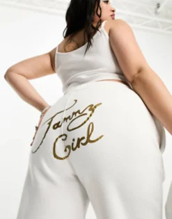 Tracksuits & Joggers*Tammy Girl Curve Tammy Girl Plus Tracksuit Pants Co-Ord With Graphic In White