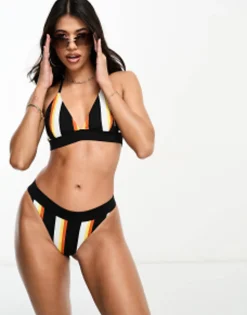 Swimwear & Beachwear*Threadbare Reversible Triangle Bikini Set In Black & Orange Stripe Pink