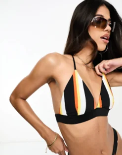 Swimwear & Beachwear*Threadbare Reversible Triangle Bikini Set In Black & Orange Stripe Pink