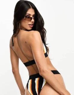 Swimwear & Beachwear*Threadbare Reversible Triangle Bikini Set In Black & Orange Stripe Pink