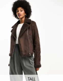 Tall*Threadbare Tall Betsy Suedette Aviator Jacket With Borg Trims In Chocolate Brown