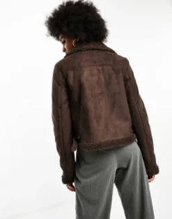 Tall*Threadbare Tall Betsy Suedette Aviator Jacket With Borg Trims In Chocolate Brown
