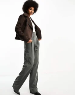Tall*Threadbare Tall Betsy Suedette Aviator Jacket With Borg Trims In Chocolate Brown