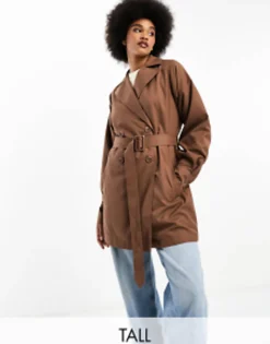 Tall*Threadbare Tall Lou Short Belted Trench Coat In Brown