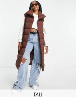 Tall*Threadbare Tall Reflex Oversized Longline Padded Gilet With Pockets In Brown Chocolate