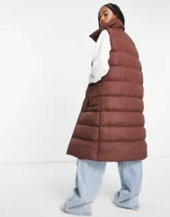 Tall*Threadbare Tall Reflex Oversized Longline Padded Gilet With Pockets In Brown Chocolate