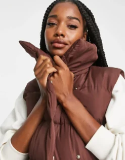 Tall*Threadbare Tall Reflex Oversized Longline Padded Gilet With Pockets In Brown Chocolate