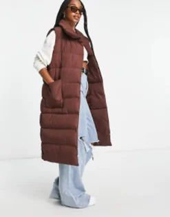 Tall*Threadbare Tall Reflex Oversized Longline Padded Gilet With Pockets In Brown Chocolate
