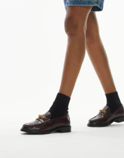 Loafers*Topshop Clara Leather Flat Loafer With Chain In Brown