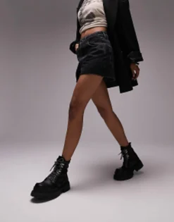 Shorts*Topshop Denim A-Line Mom Short In Washed Black