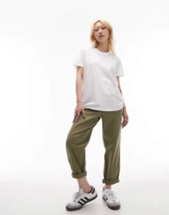 Petite*Topshop Petite Button Tab Peg Trouser In Khaki
