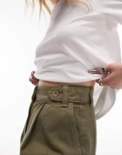 Petite*Topshop Petite Button Tab Peg Trouser In Khaki
