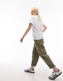 Petite*Topshop Petite Button Tab Peg Trouser In Khaki