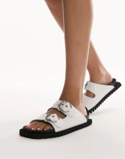 Flat Sandals*Topshop Prince Leather Flat Sandal With Buckles In White