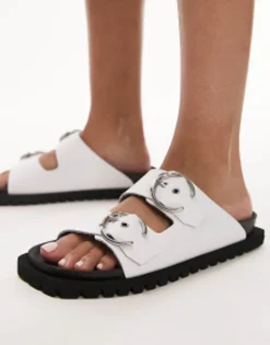 Flat Sandals*Topshop Prince Leather Flat Sandal With Buckles In White