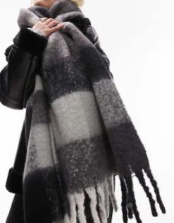 Scarves*Topshop Scarlett Blanket Check Scarf In Black And Grey Multi