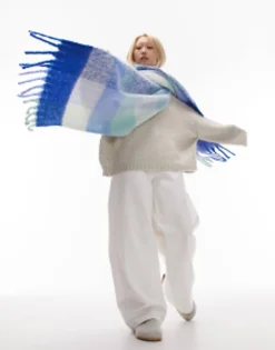 Scarves*Topshop Scarlett Blanket Check Scarf In Blue