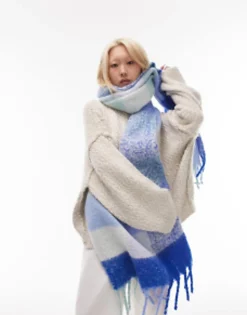 Scarves*Topshop Scarlett Blanket Check Scarf In Blue