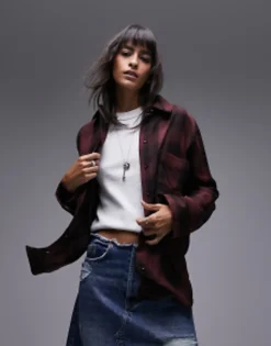 Shirts*Topshop Soft Check Shirt In Berry And Black Multi