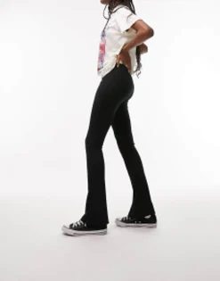 Tall*Topshop Tall Skinny Rib Flared Trousers In Black