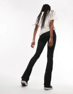 Tall*Topshop Tall Skinny Rib Flared Trousers In Black