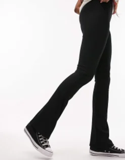 Tall*Topshop Tall Skinny Rib Flared Trousers In Black