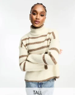 Tall*Vero Moda Tall High Neck Oversized Stripe Jumper In Cream And Brown