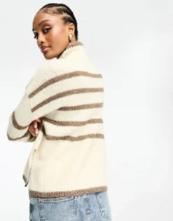 Tall*Vero Moda Tall High Neck Oversized Stripe Jumper In Cream And Brown