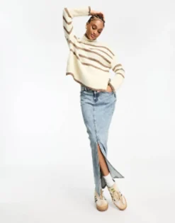 Tall*Vero Moda Tall High Neck Oversized Stripe Jumper In Cream And Brown