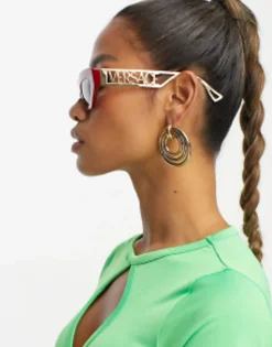 Sunglasses*Versace Rectangle Festival Sunglasses With Gold Detail In Red