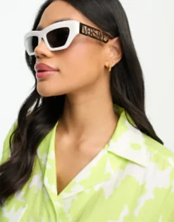 Sunglasses*Versace Rectangle Festival Sunglasses With Gold Detail In White