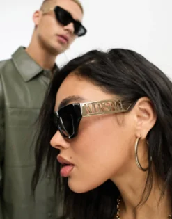 Sunglasses*Versace Rectangle Sunglasses With Gold Detail In Black