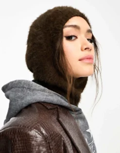 Scarves*Weekday Unisex Hairy Knit Balaclava Hood In Exclusive To Asos Brown